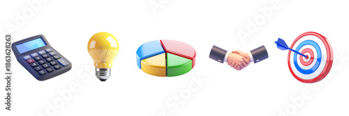 3D cartoon pastel business icon set with five icons: calculator, idea light bulb, pie chart, handshake, and target, isolated on white background, modern finance and strategy concept