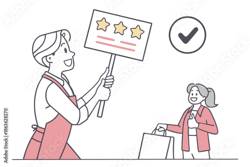 A satisfied customer receives a five-star rating from a happy service representative