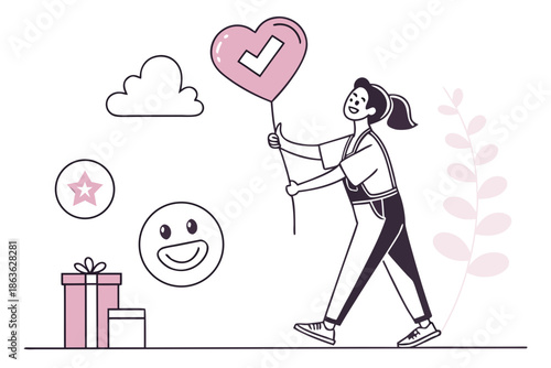 A cheerful woman holding a heart-shaped balloon with gifts nearby