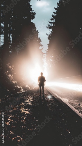 Silhouette of a Person Standing in Golden Light Mist