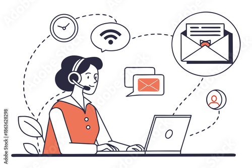 A woman wearing a headset works on her laptop with email icons around her