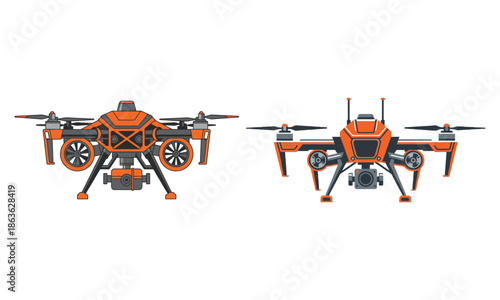 Modern orange and gray drone technology icons set featuring quadcopters with cameras and antennas