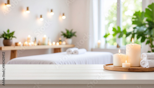 Luxury Wellness Center Interior with Cozy Lighting, Candles, and Massage Bed Background