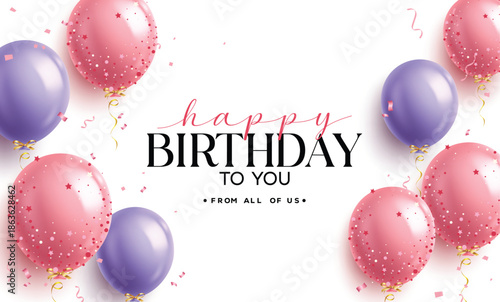 Happy Birthday greeting card balloons clipart background. Birthday greeting text clip art with pink and violet inflatable balloons for girl party birthday card in white template vector illustration. 
