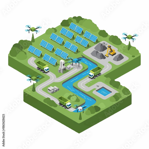 Isometric view of a sustainable industrial complex with solar panels and drones.