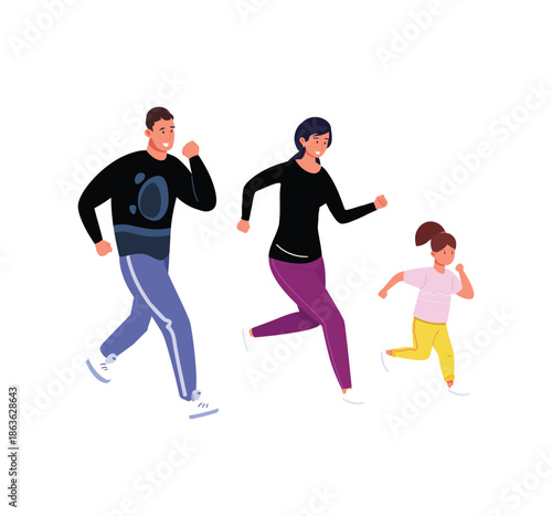 Family jogging together on a sunny day, enjoying a healthy lifestyle, captured from a side viewpoint.