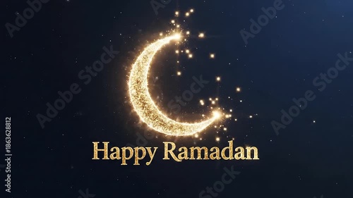 Glittering crescent moon and star formation animation with happy ramadan text