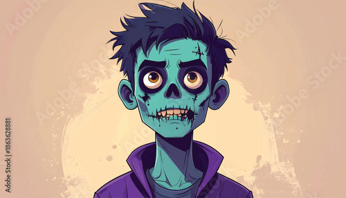 Cartoon Zombie Portrait with Hollow Eyes and Blue Skin.