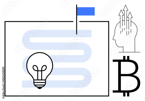 Cryptocurrency concept. Cryptocurrency with Bitcoin logo, growth mindset illustration, innovative light bulb, and progress flag. Cryptocurrency for finance, technology, innovation, investment