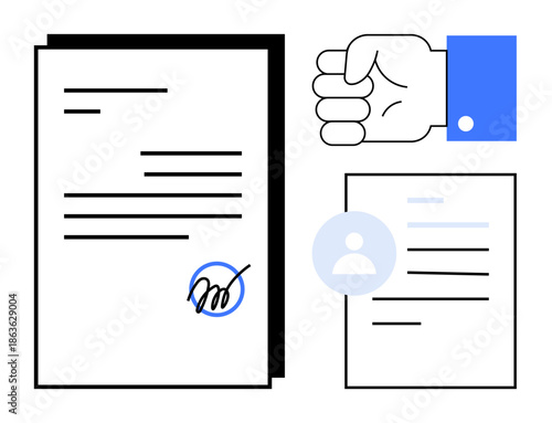 Business agreements, authentication, digital approvals, team collaboration, contract management, identity verification. A hand signals, papers with a signature user icon. Business agreements