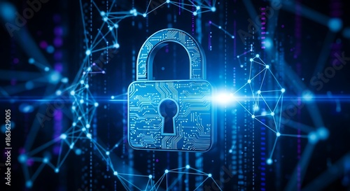 A digital padlock glowing with blue light amidst a network of interconnected nodes and binary code in a dark environment