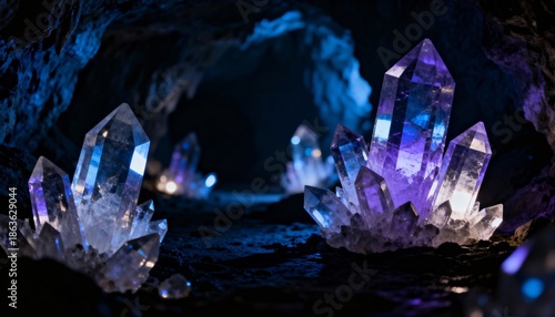 Mysterious Amethyst Crystal Formation in Dark Cave with Dramatic Lighting