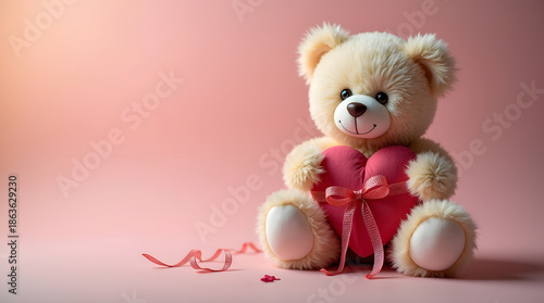 cute teddy bear with endearing facial expression and soft fur holding a heart shaped gift with delicate ribbon, valentines gift concept, set against a pastel colored background, soft warm lighting,
