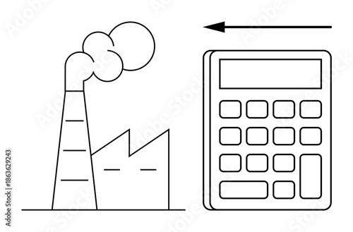 Carbon footprint. Factory emissions linked with carbon footprint calculation in environmental management. Carbon footprint assessment for sustainability, climate action, eco-conscious industries