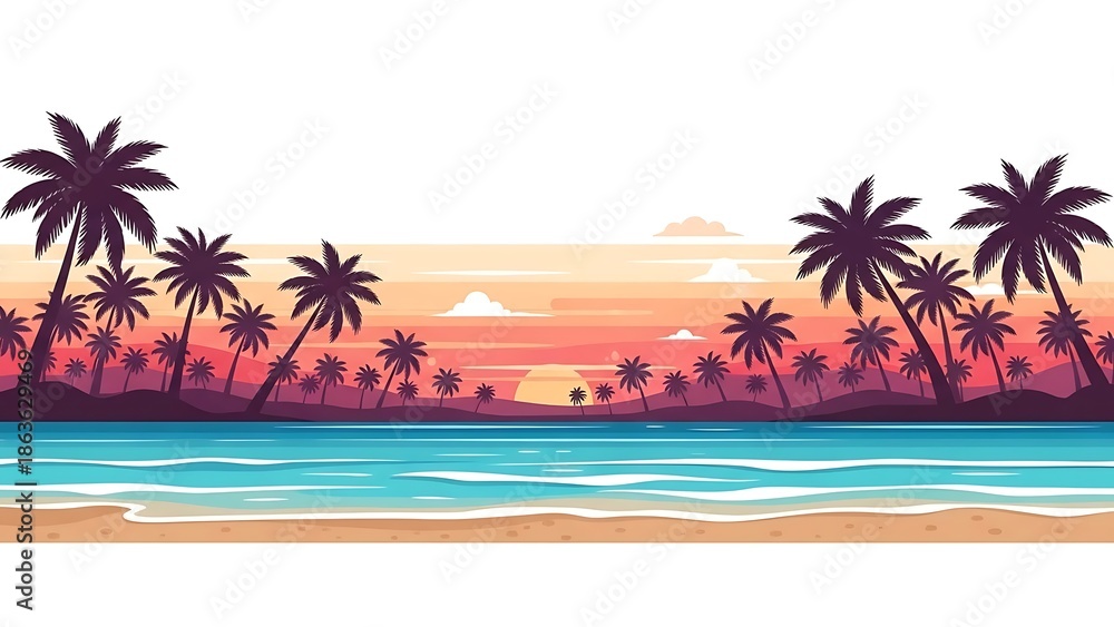 Fototapeta premium Tropical Beach Scene with Palm Trees Sunset.