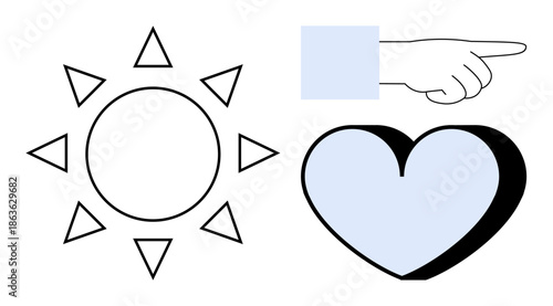 Emotional communication, guidance, love, visual concepts, simplicity, abstract elements. Features a sun, a heart and a pointing hand. Love and guidance concept in a minimal visual format