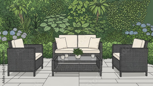 Backyard Patio Vector Garden Furniture Outdoor Plants Illustration