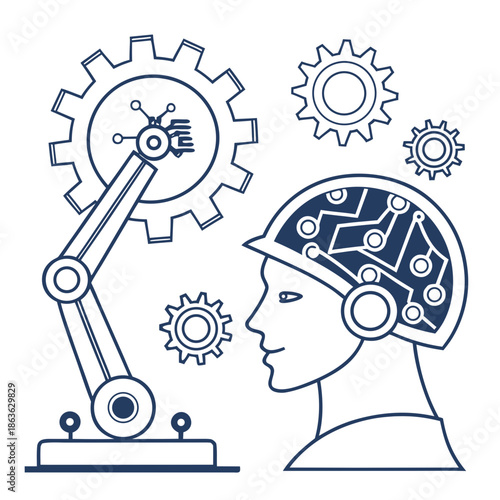 A person with a robotic brain and gears surrounding their head