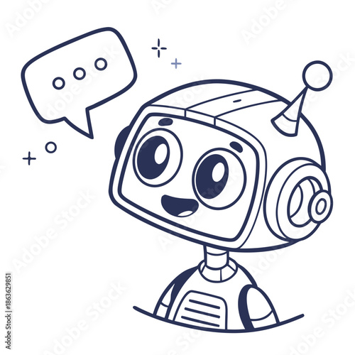 A cartoon robot with a speech bubble and a happy expression
