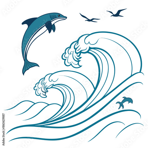 A stylized illustration of dolphins and birds in a wave design