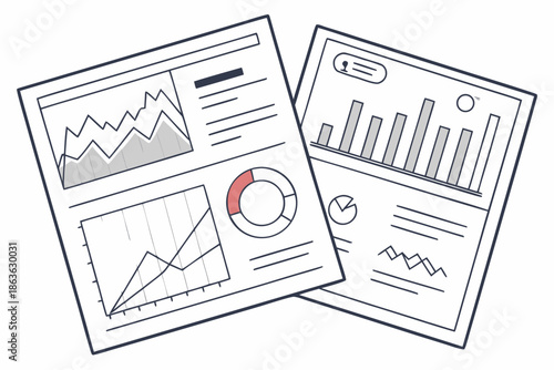 An illustration of two papers with various graphs and charts on them