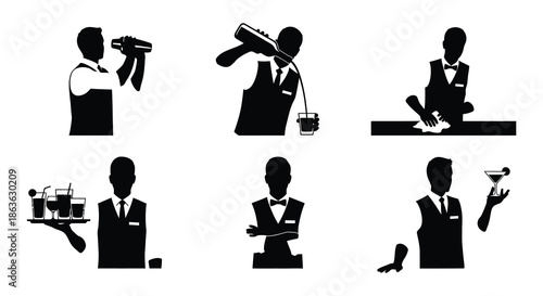 Black silhouette illustrations depicting a bartender preparing various cocktails and drinks