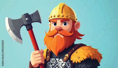 Cartoon Viking Warrior with Axe Ready for Battle Illustration.