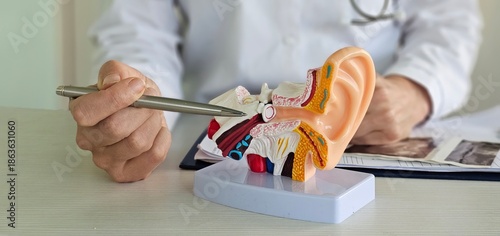 Doctor with human Ear anatomy model. Ear disease, Atresia, Otitis Media