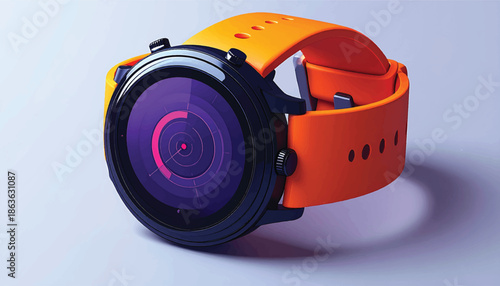 Smartwatch with Orange Band Displaying Circular Interface on a Light Surface.