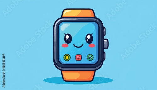 Cute Cartoon Smartwatch with a Smiling Face and Orange Strap.