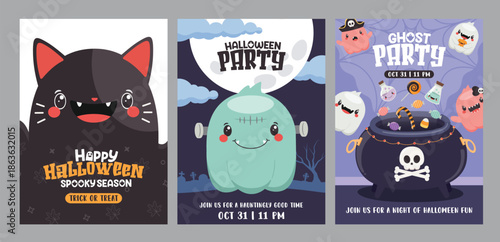 Halloween party clipart poster set. Happy Halloween ghost party invitation card template with cute cat, monster and cauldron elements for spooky season collection vector illustration.
