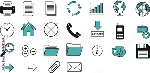 Office and interface icon set, teal and black vector symbols for documents, communication, charts, devices, folders, and global tools