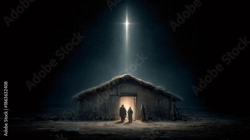 Nativity scene with star of bethlehem over stable