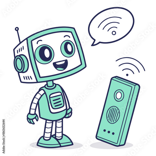 A cartoon robot with a television for a head talking to a smart speaker