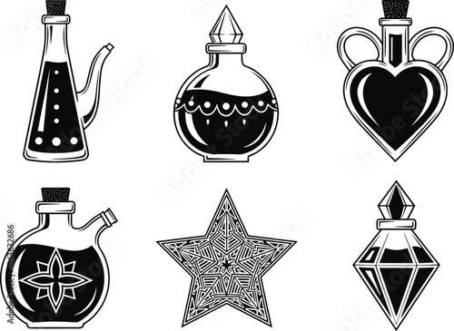Potion bottle and star icon set, fantasy elixir silhouettes, heart and diamond shapes, black vector, magical container, mystical design