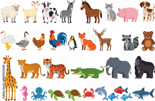 Cute animal vector set with farm wild jungle and sea animals cartoon illustration collection isolated on white