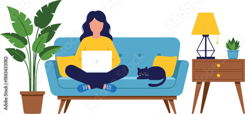 Woman working from home on laptop vector illustration with cozy living room sofa plant and remote work lifestyle