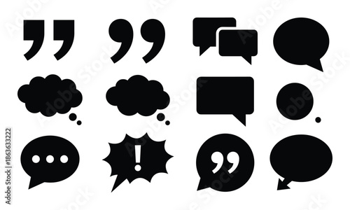 A collection of diverse speech bubbles icons and quotation marks vector symbols isolated on white background.