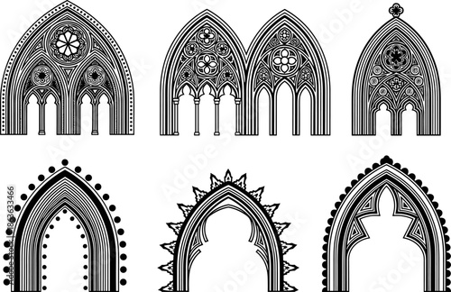 Gothic arch silhouette set, ornate architectural window designs, pointed tops, floral tracery, black vector, historical style, decorative elements, medieval structure