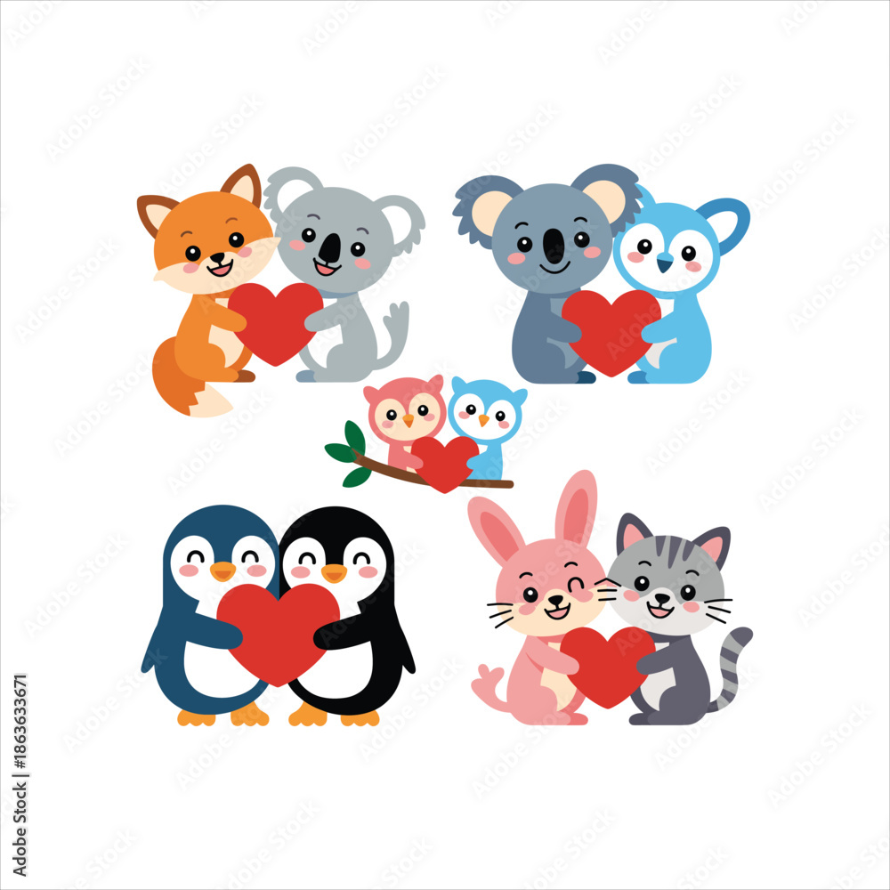 Fototapeta premium Cute Animal Couples Holding Heart Cartoon Illustration Set