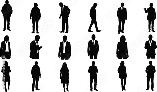 Business people silhouette collection in formal and casual poses showing professional lifestyle corporate workforce concept isolated black vector illustration