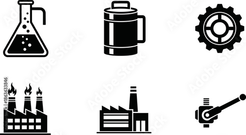 Industry and manufacturing icon set, chemical flask, pressure vessel, gear, smokestack factory, valve control, black vector, engineering symbols