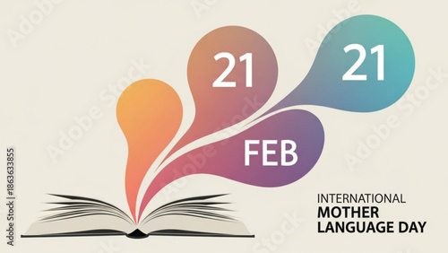 International mother language day on february 21, celebrating linguistic diversity and cultural heritage with a colorful illustration of an open book and blooming flowers