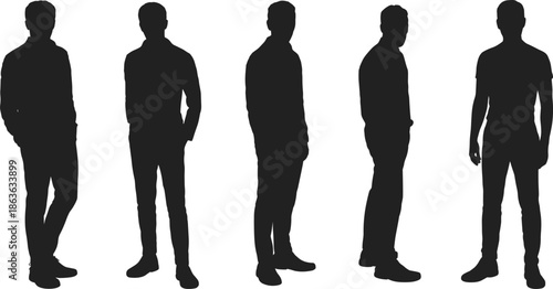 Black Silhouettes of Five Standing Male Figures in Casual Poses — Body Language and Fashion Reference for Design, Modeling, and Character Art Use
