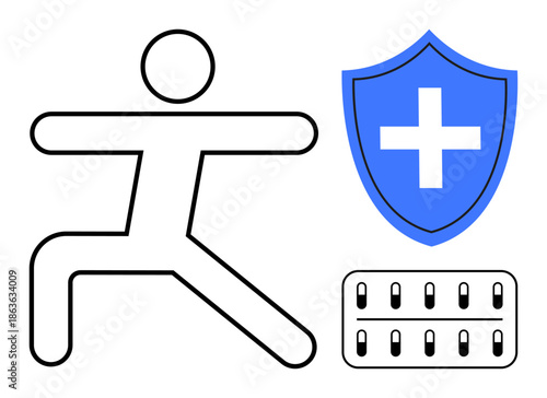 Healthcare, fitness, disease prevention, medication, self-care, medical safety. Stick figure in yoga pose, blue shield with cross and pill pack. Healthcare and fitness concept