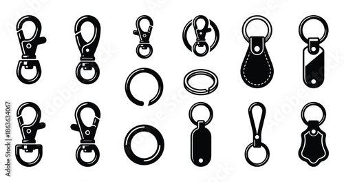 A set of different types of keychains and rings in black color. Key fobs and metal closures included.