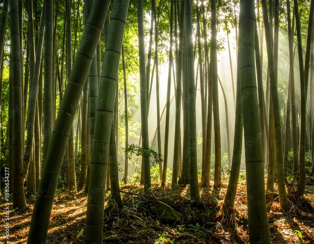 Fototapeta premium Dense bamboo forest with sunlight beams piercing through the trees