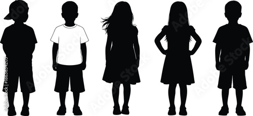 Children silhouette icon set showing boys and girls standing front view simple poses isolated black vector illustration