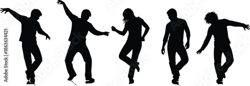 Dancing people silhouette icon set showing energetic dance moves modern youth poses isolated black vector illustration