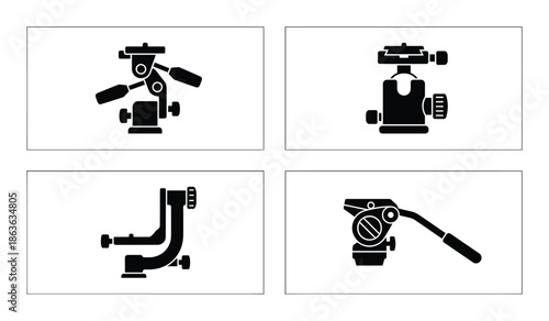 A set of tripod heads silhouette, camera mount heads collection, different designs isolated within rectangular frames.